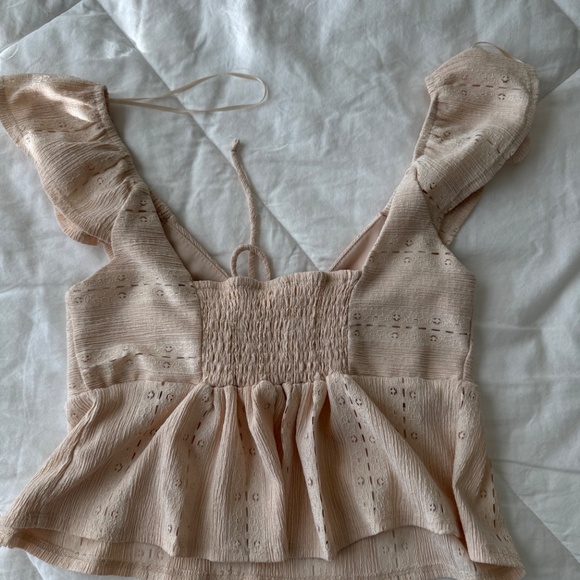 Urban Romantic Cream Tie Front Ruffle Sleeve Eyelet Peplum Top - Picture 2 of 3